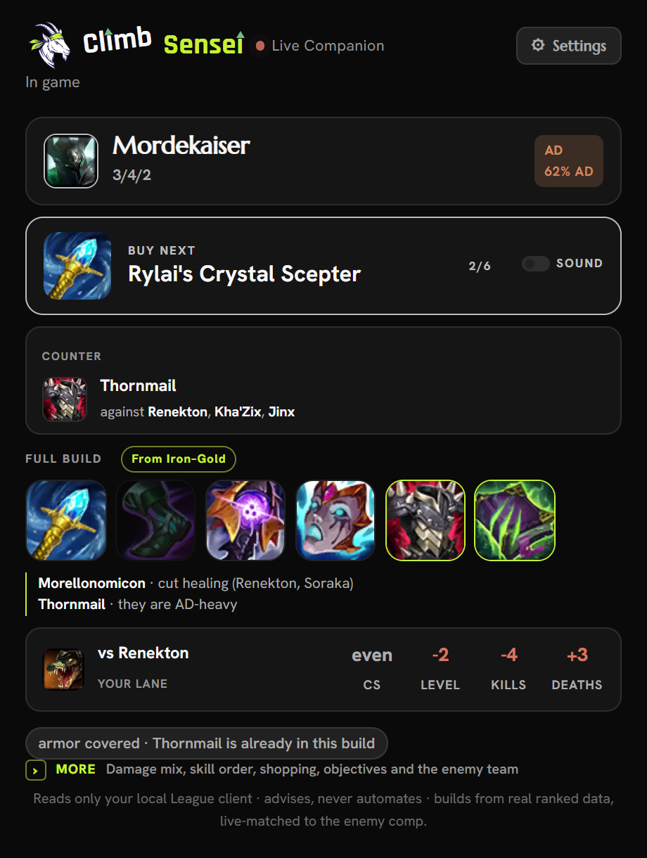 In-game view: the next item to buy, a counter item against the enemy team, the full build, and how your lane is going.