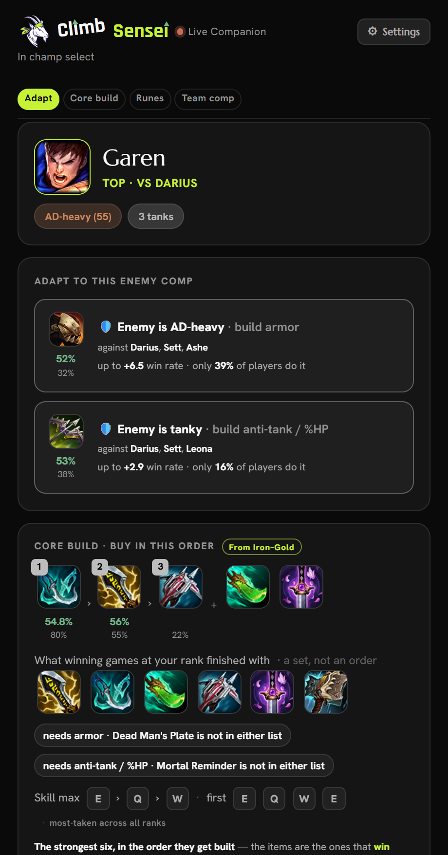 Champion select advice: build armour against an AD-heavy enemy team, with the core build in buy order.